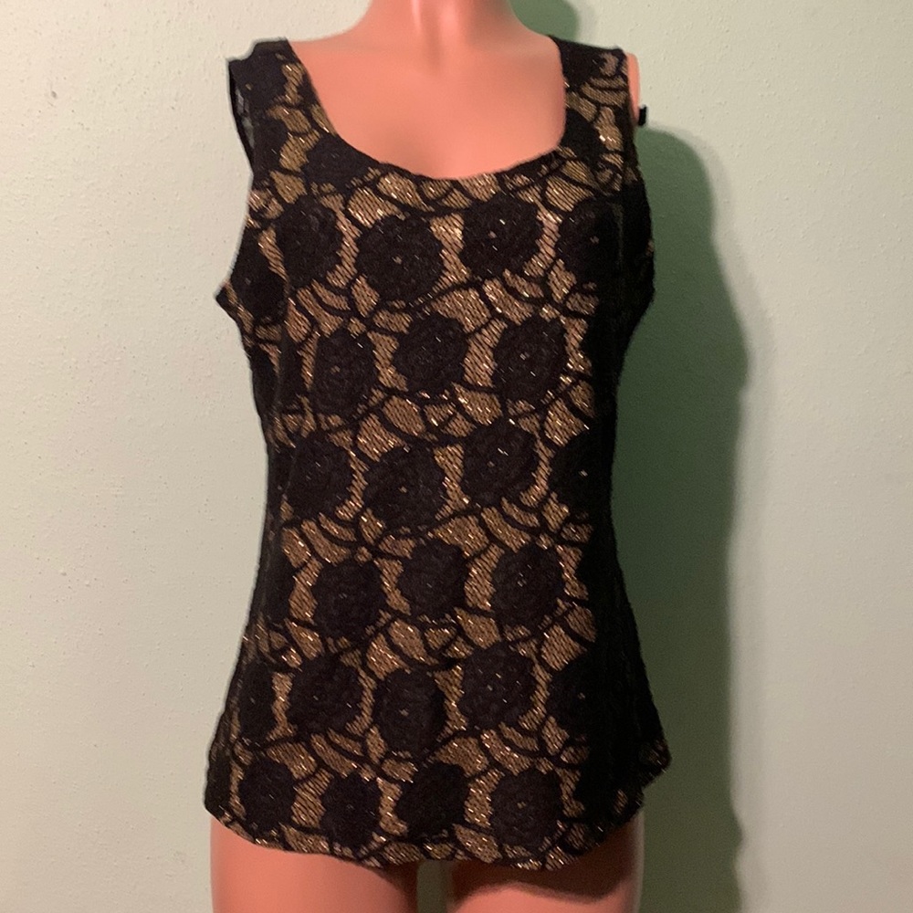 OBJECTS DART WOMENS Black Gold SLEEVELESS Tank Embroidery Flowers Large NewTag